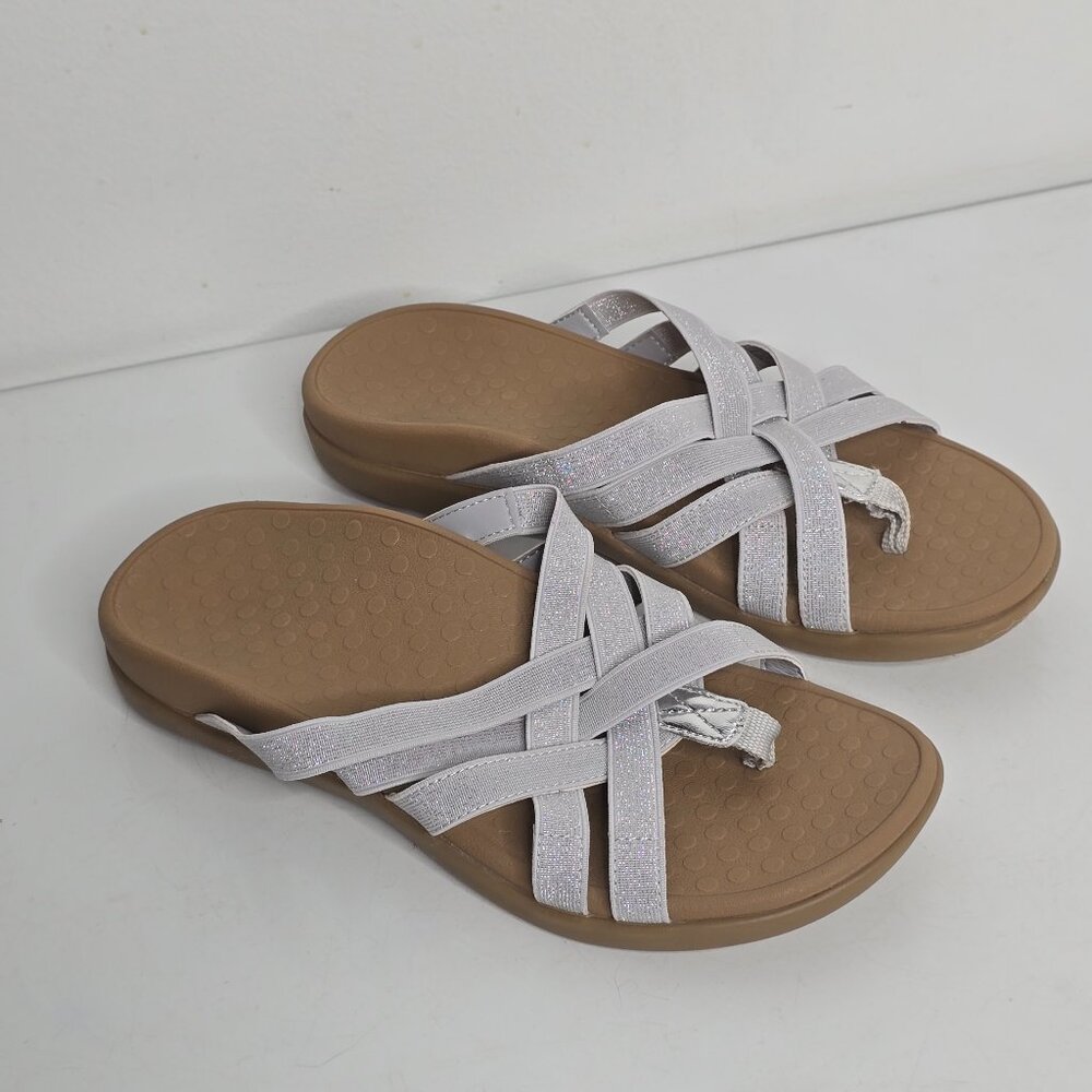 Vionic Womens Tia Size‎ 6 Silver Sandals Orthotic Woven Stretch Gore Thong NWOT
